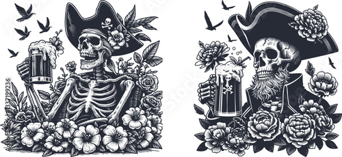 set a pirate skeleton enjoying a mug of rum with beer flowers garden pirate skeleton, mug of rum, beer flowers, garden, skeleton pirate, skull, rum, tankard, barrel, drink, bone, dead, grin, alcohol