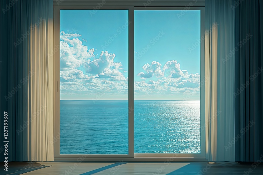 Fototapeta premium A large window showcasing a beautiful ocean with puffy clouds in sky