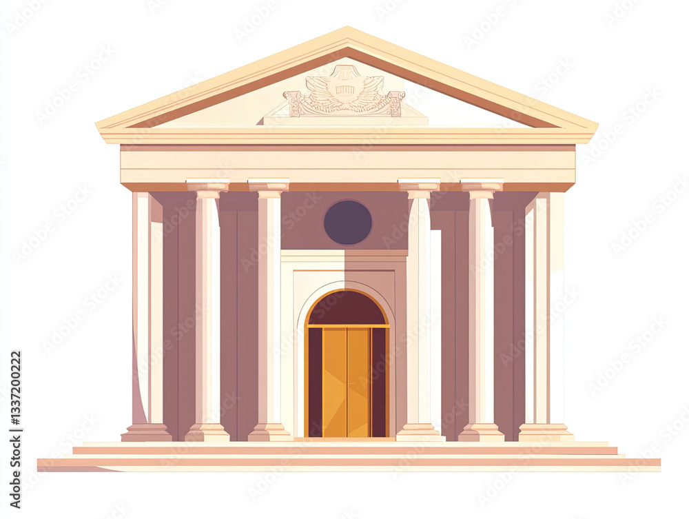 Fototapeta premium Architectural facade with classical columns golden door and symmetry against white background