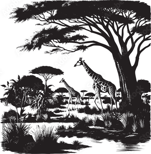 Giraffes Standing Under Savannah Trees Illustration