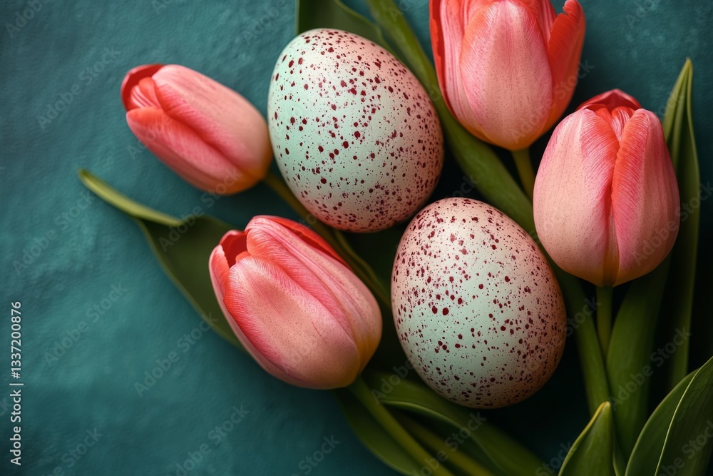 Speckled Eggs With Pink Tulips