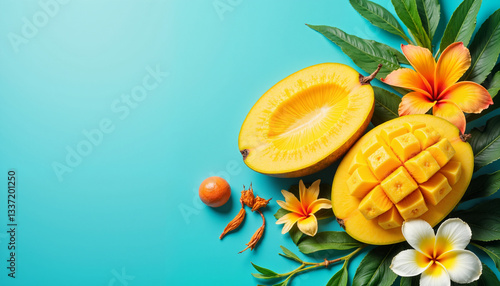 Mango Fruit with Leaves and Flowers from India, Philippines, and Mexico for Blogs, Websites, Stationery, Tropical Themes, Health and Nutrition Awareness