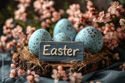 Rustic Easter Eggs With Blossoms On Wood