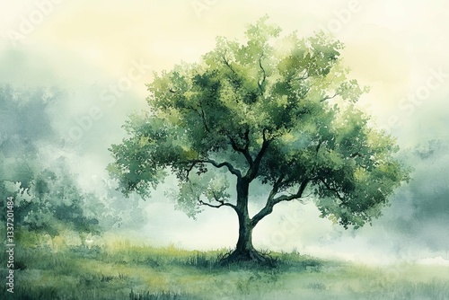 A watercolor painting depicts a large tree in a grassy field