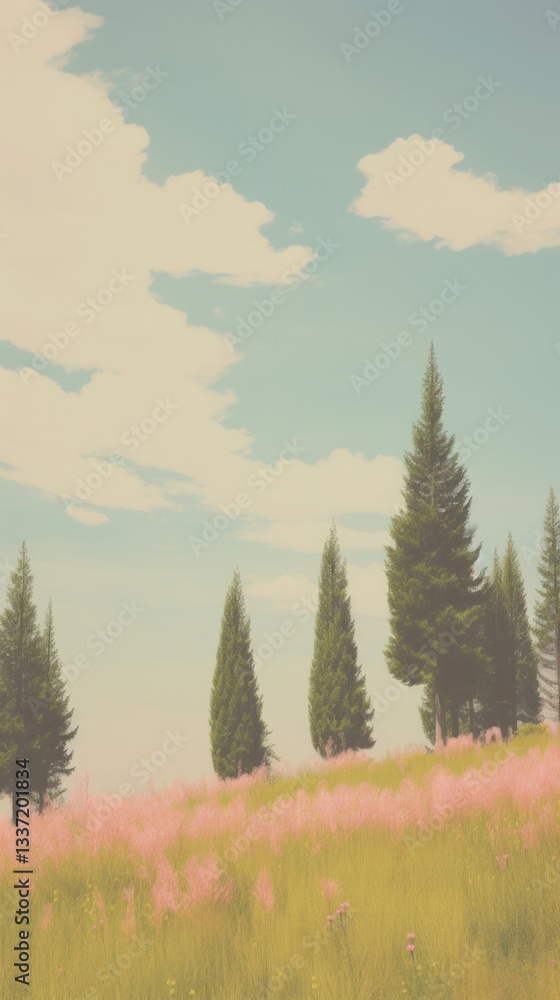 Fototapeta premium Pastel wallpaper spring hill grass field tree.