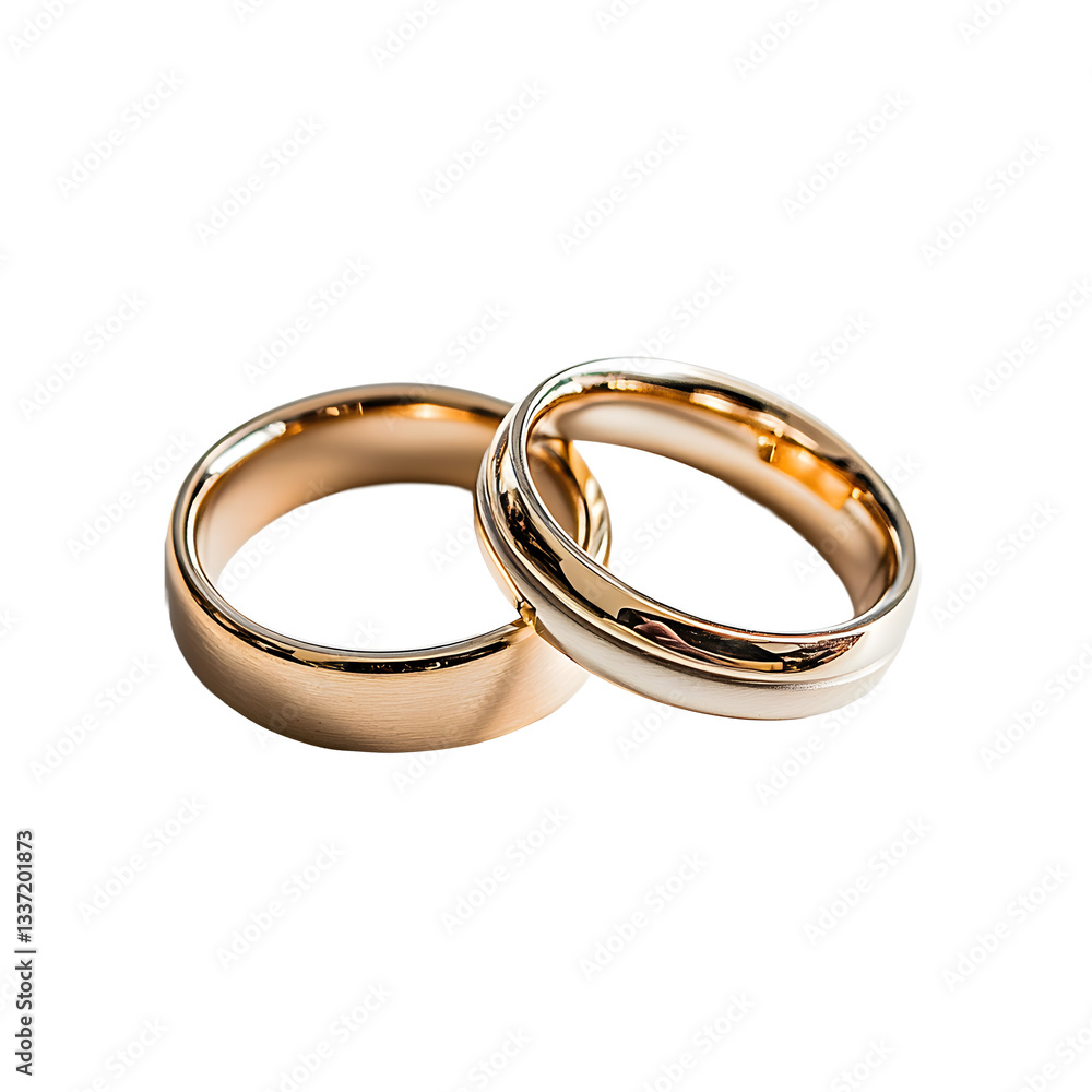 Two golden bands symbolize commitment, union, and love in an enduring partnership on a white background. Two golden bands symbolize commitment, union, and love in an enduring partnership on a white background.