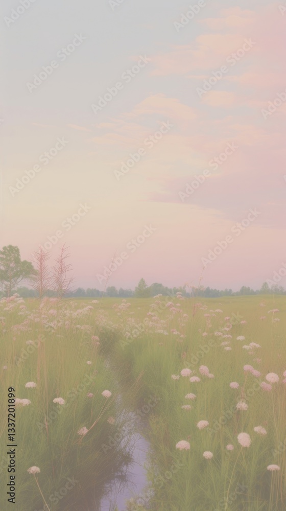Naklejka premium Pastel wallpaper spring hill flower grass field.