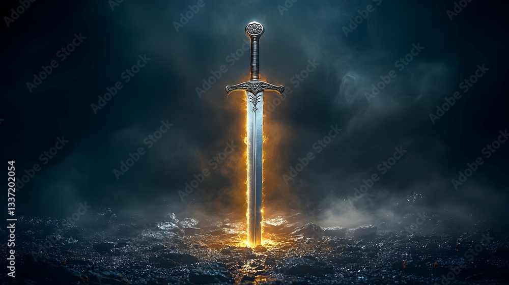 Naklejka premium A flaming sword stands majestically on dark, rocky ground, enveloped in mystical smoke