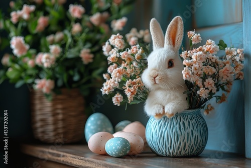 Obraz na płótnie Bunny With Flowers And Easter Eggs w salonie