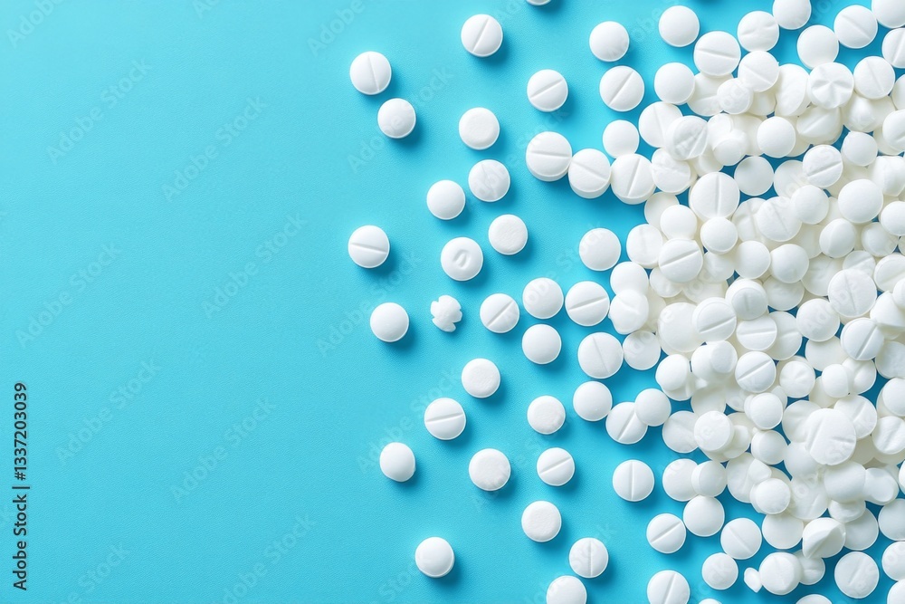 Scattered White Pills On Blue Background With Copy Space