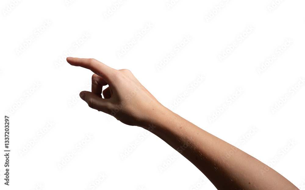 Fototapeta premium hand with a slightly curved index finger making a pressing or selecting gesture. Natural wrist position, symbolizing interaction, touchscreen use, or precise selection. Isolated on white background..