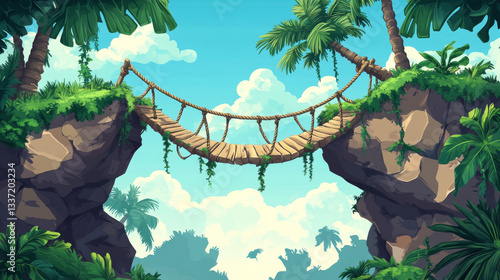 Fototapeta Naklejka Na Ścianę i Meble -  Rope bridges set isolated on white background. Vector cartoon illustration of wooden suspension footbridges with green lianas and palm trees, path between rock edges, jungle game ui design elements