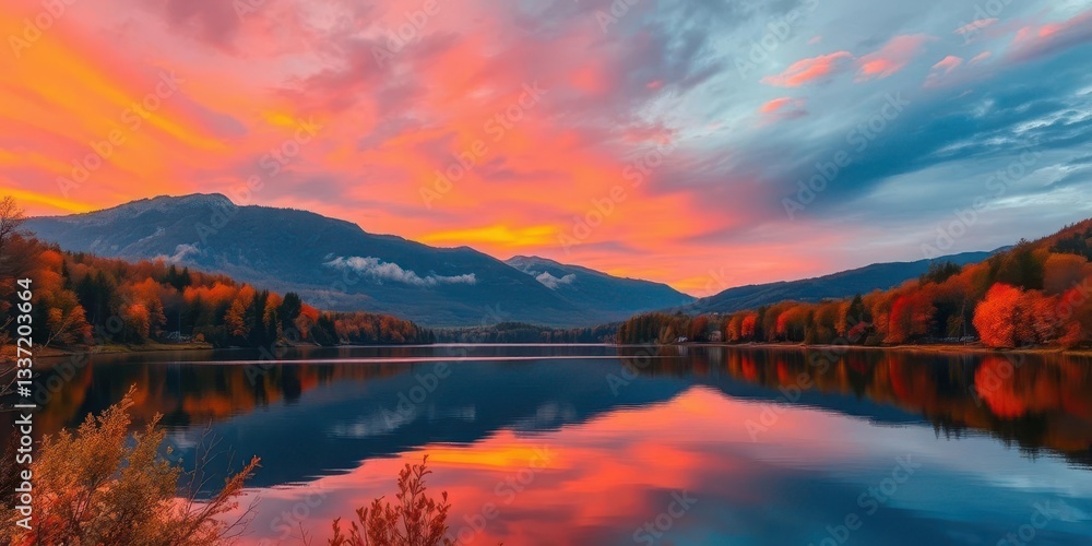 Naklejka premium Blazing orange and red sunset reflects on calm Hintersee lake, surrounded by vibrant autumn foliage, picturesque, golden hour