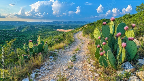 Texas Hill Country Trail with Blooming Prickly Pear Cactus