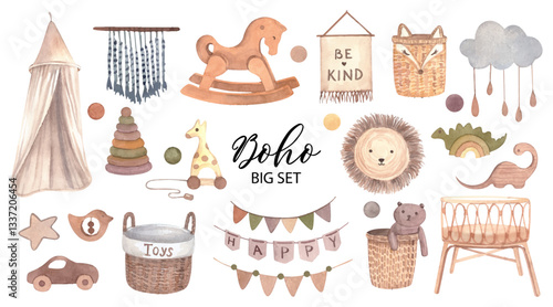 Big set of watercolor toys in beige tones. Baby toys clothes and accessories in boho style. Vector illustration