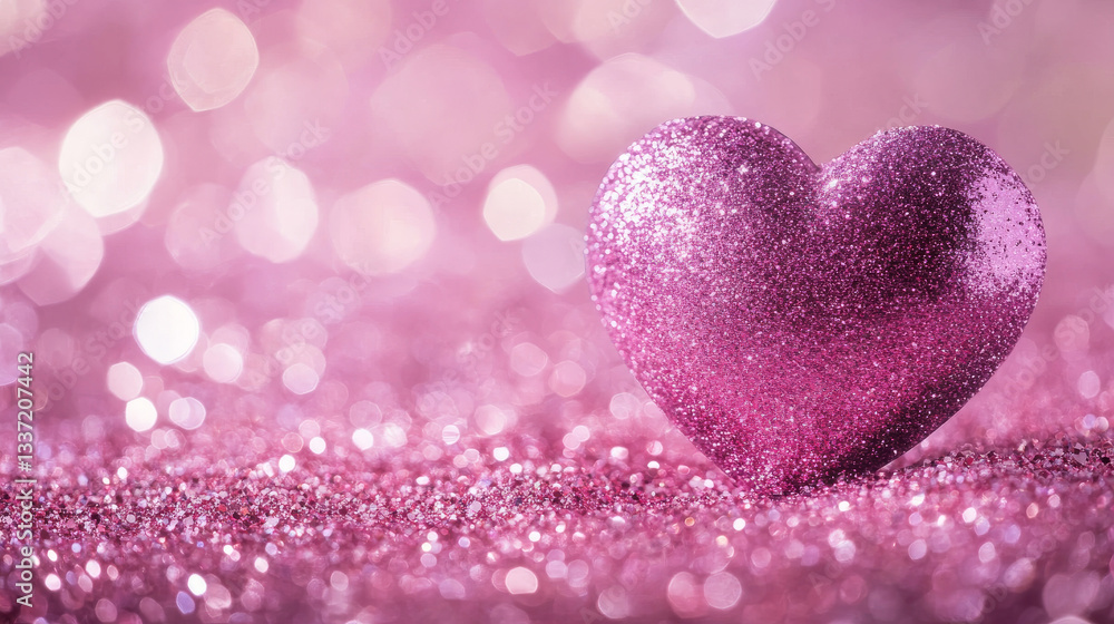 Fototapeta premium Pink heart bokeh glitter light border background. Magic abstract love sparkle vector effect for luxury valentine banner with glow and blur texture. Premium romantic glittery particle template