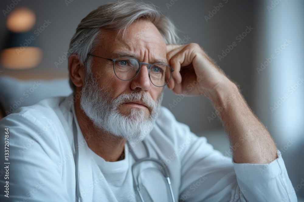 Fototapeta premium Man wearing glasses rests his head on his hand. He is looking forward thoughtfully. White lab coat and stethoscope are visible. Soft lighting.