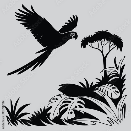 a macaw flying in the jungle silhouette vector design art and illustration