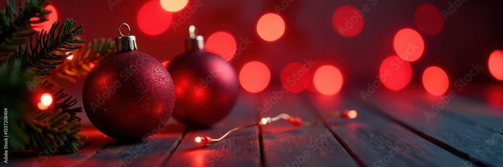 Fototapeta premium Red bokeh lights, Christmas ornaments, festive background, red, background