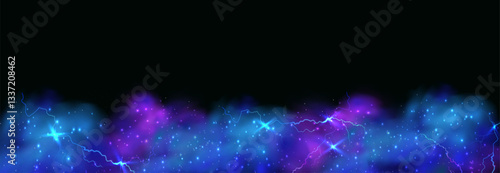 Powerful electrical current energy. Flash of lightning in a magic frame. Neon discharge in smoke effect.
