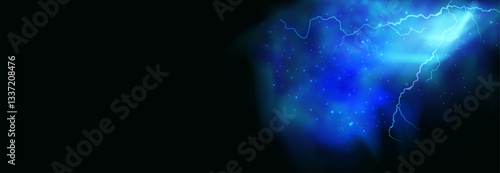 Powerful electrical current energy. Flash of lightning in a magic frame. Neon discharge in smoke effect.
