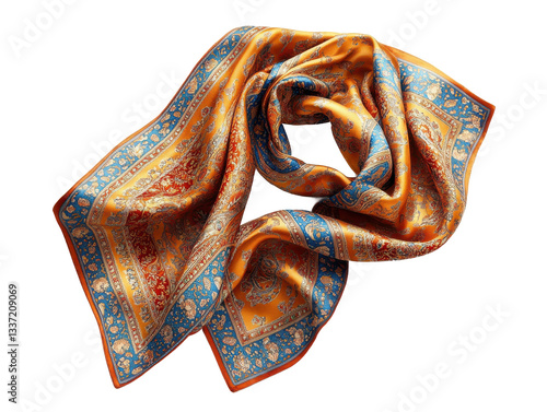 A luxurious silk scarf with intricate patterns in orange, blue, and red isolated on a transparent background