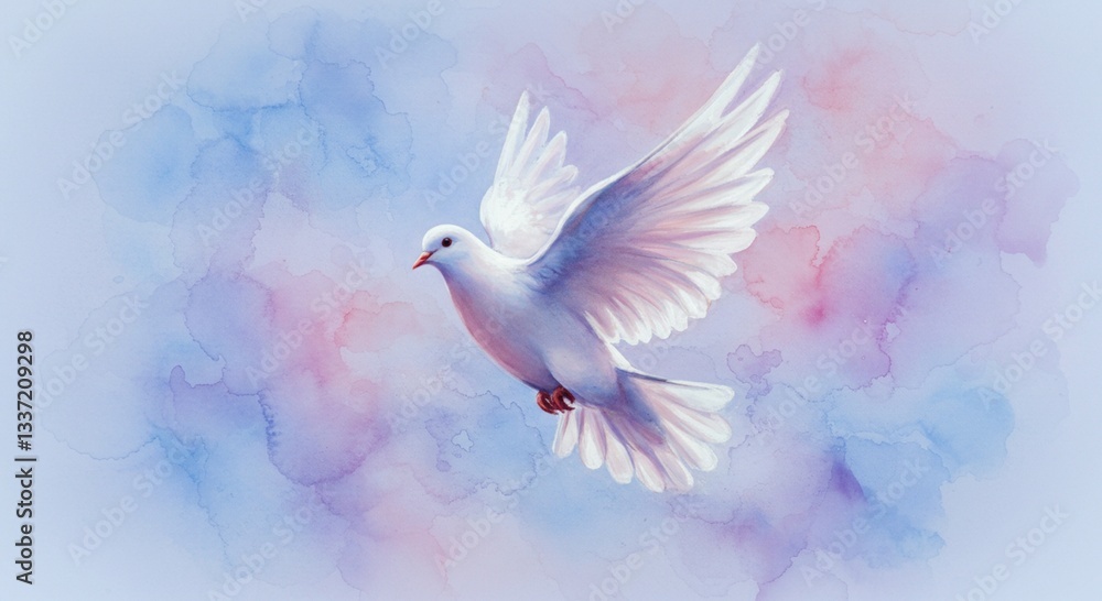 Fototapeta premium Serene White Dove in Flight Watercolor Painting Pastel Sky Background Spiritual Peace Symbol