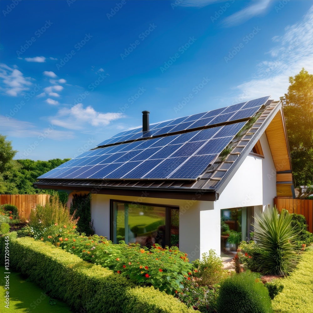 Fototapeta premium Solar panels on a modern house rooftop surrounded by a sustainable garden