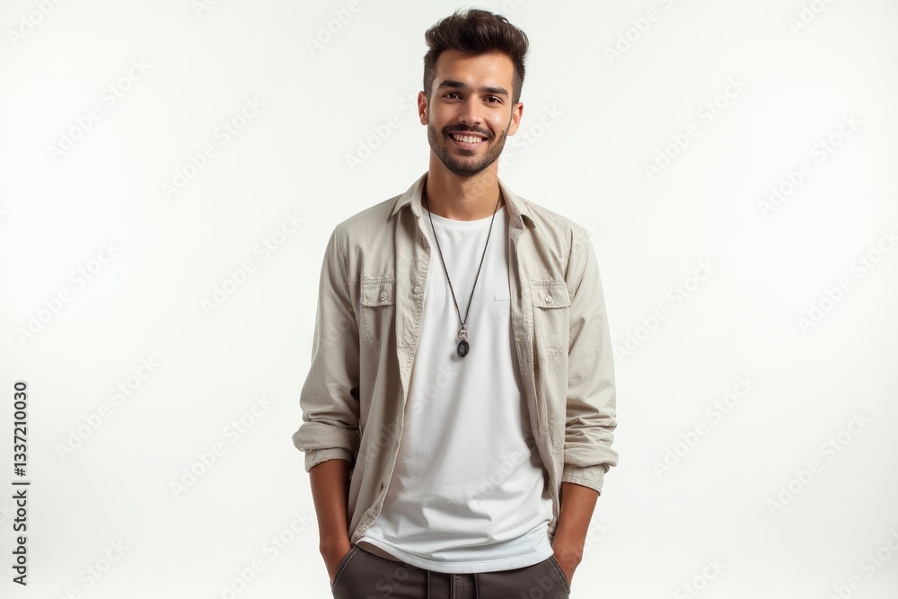 Half-Length (Waist-Up) portrait of young stylish smiling Georgian male model in hippie wear isolated on pure white background looking at camera Half-Length (Waist-Up) portrait of young stylish smiling Georgian male model in hippie wear isolated on pure white background looking at camera