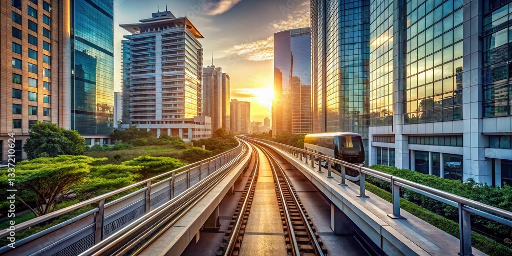 Fototapeta premium Minimalist Urban Monorail: Modern Cityscape & Sleek Track