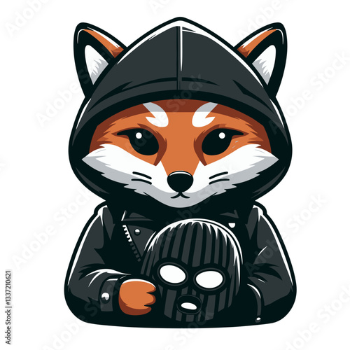 Vector cartoon fox as masked burglar in black hoodie. Perfect for security themes, crime prevention, or concept illustrations of anonymity.