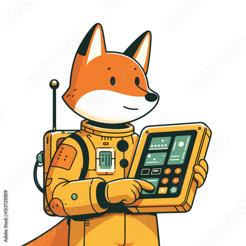Technical fox character in yellow hazmat suit with control device. Vector illustration for scientific research, emergency response, or technological innovation concepts.