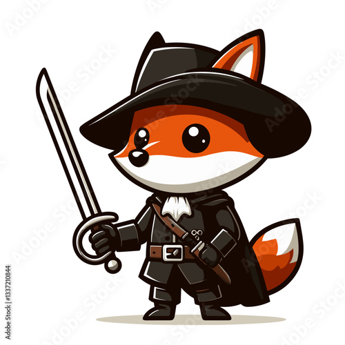 Mysterious fox character in black hat and cape with sword. Vector illustration for adventure stories, mysterious hero concepts, or costume party themes.