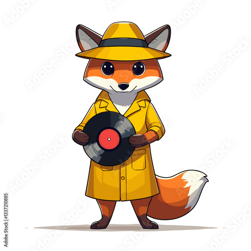 Cartoon fox detective in yellow raincoat holding vinyl record. Perfect for music blogs, retro record shops, or detective-themed children's content.