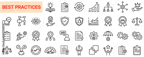 Best Practices Line Icons – Quality Assurance, Business Standards, Certification, Workflow, Productivity, Management, Strategy, Success Icons Set