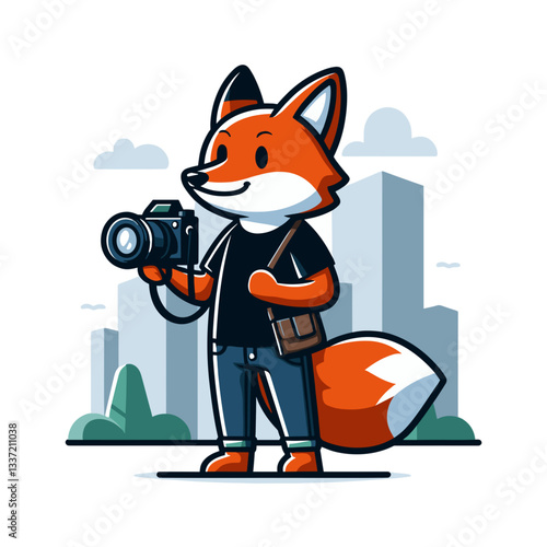 Cartoon photographer fox with camera against city skyline. Ideal for photography services, urban tourism guides, or creative professional portfolios.