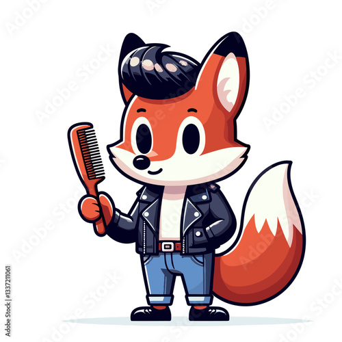Cartoon rockabilly fox with leather jacket and comb. Ideal for retro styling brand or youth culture content.
