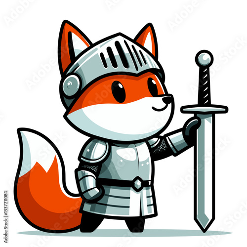Cartoon medieval fox knight in silver armor with sword. Perfect for fantasy games, medieval-themed children's stories, or historical costume content.