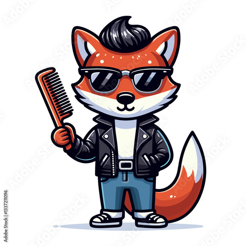 Cool fox with sunglasses and comb in leather jacket. Ideal for barbershop branding or trendy fashion illustration.