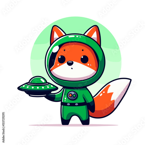 Cartoon fox in green alien spacesuit holding UFO. Perfect vector illustration for sci-fi themes, game design, or children's space adventure concepts.