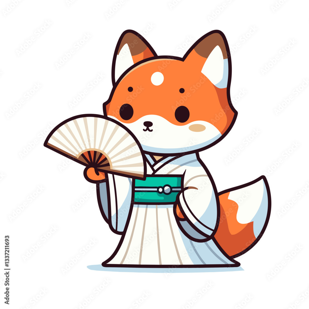 Obraz premium Graceful fox in traditional Japanese kimono with fan. Vector illustration for cultural celebrations, traditional ceremonies, or elegant performance concepts.