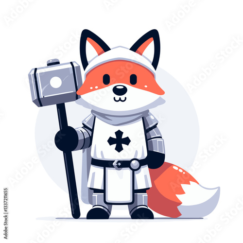 Brave fox character in white knight armor with camera. Vector illustration for medieval themes, space exploration, or heroic documentary concepts.