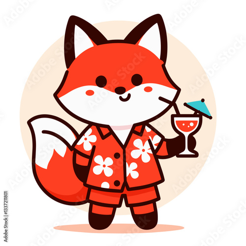 Vector cartoon fox in tropical shirt holding cocktail. Perfect for summer party invitations, vacation promotions, or festive beach event advertisements.