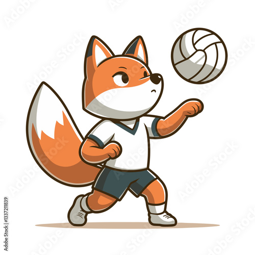 Vector cartoon fox volleyball player in action with ball. Ideal for sports events, athletic programs for children, or team-building activity promotions.