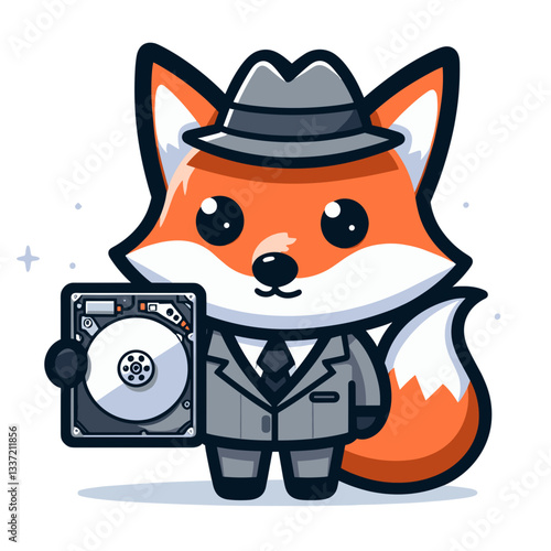 Vector cartoon fox detective with safe deposit box and fedora hat. Perfect for security services, mystery stories, or financial protection illustrations.