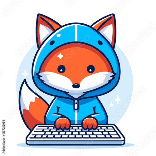 Cartoon fox programmer in blue hoodie using keyboard. Perfect vector illustration for tech themes, coding concepts, or IT professional character designs.