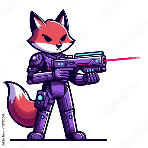 Cartoon fox soldier in purple armor with laser rifle. Perfect vector illustration for sci-fi themes, futuristic warfare concepts, or video game character designs.