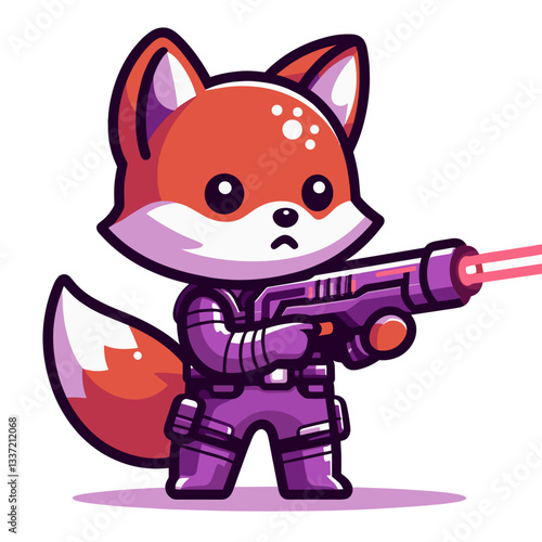 Cartoon fox trooper in purple armor with laser gun. Perfect vector illustration for sci-fi themes, futuristic warfare concepts, or video game character designs.