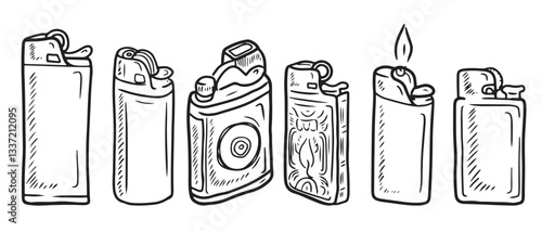Cigarette lighter with ink engraved decoration in black isolated on white background. Hand drawn vector sketch illustration in doodle engraved vintage line art style. Concept of smoking, heat, fire