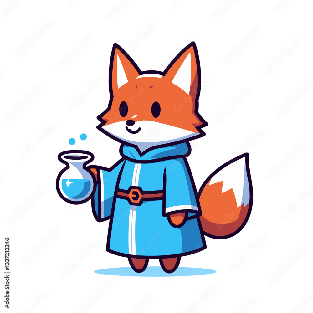 Obraz premium Wizard fox character in blue robe holding magic potion. Vector illustration for fantasy stories, magical concepts, or mystical educational themes.